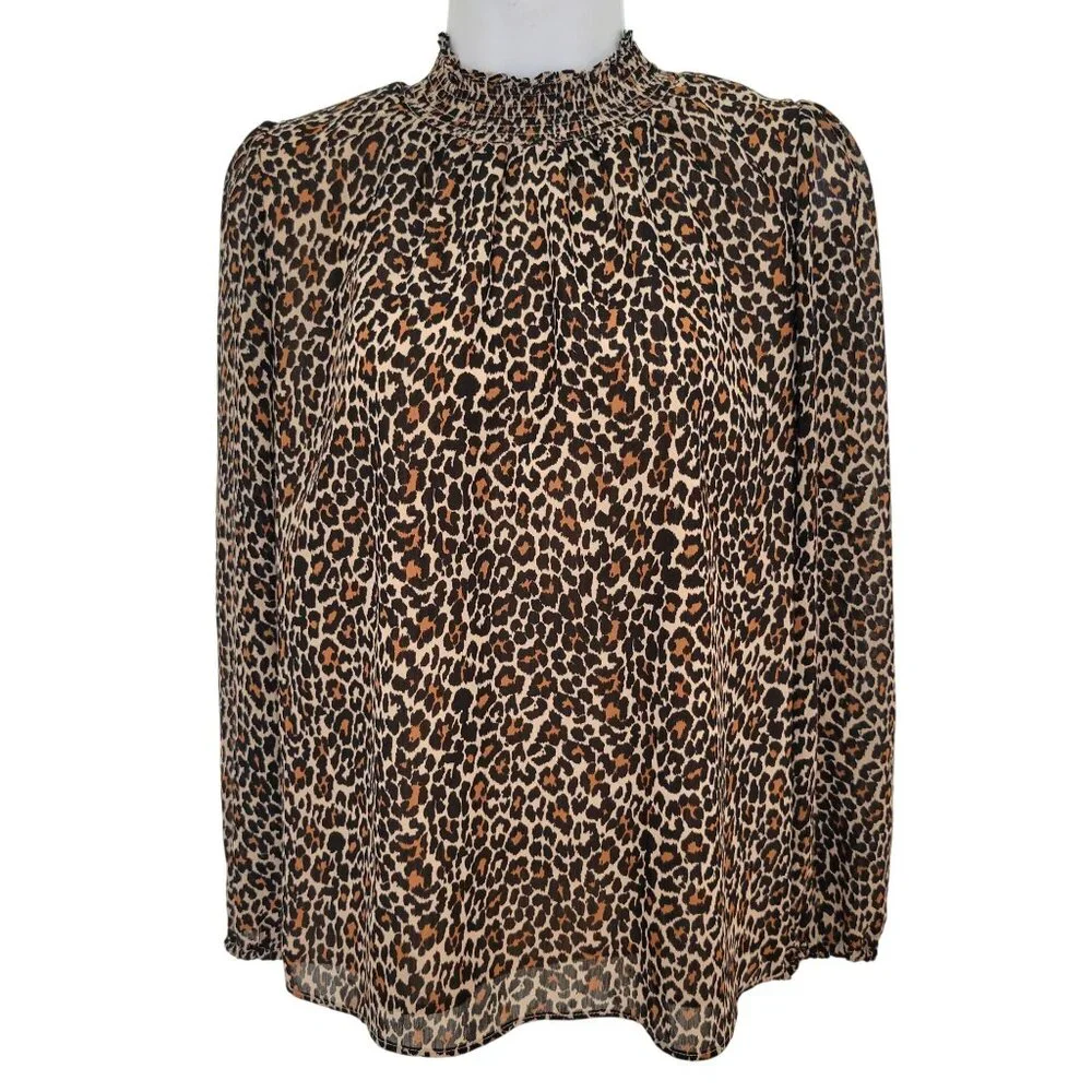 J Crew XS Leopard Print Smocked Long‎ Sleeve Blouse Mock High Neck Modest